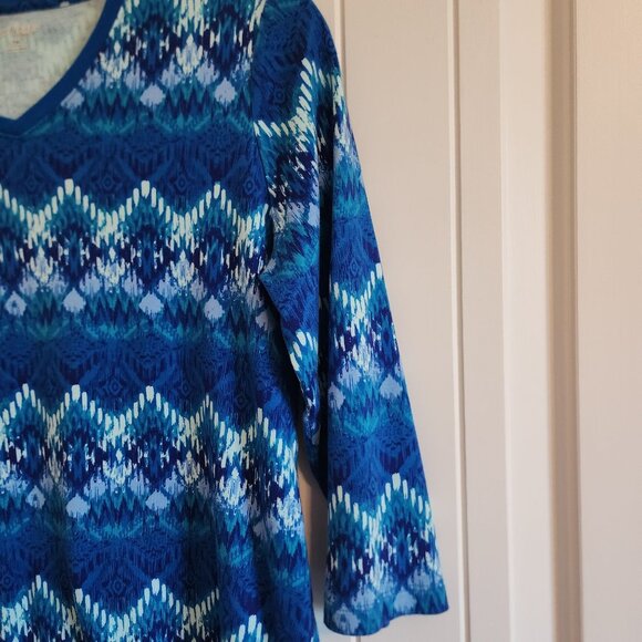 Kim Rogers Petite Blue Patterned 3/4 Sleeve V-Neck Cotton Top PM - Picture 5 of 7